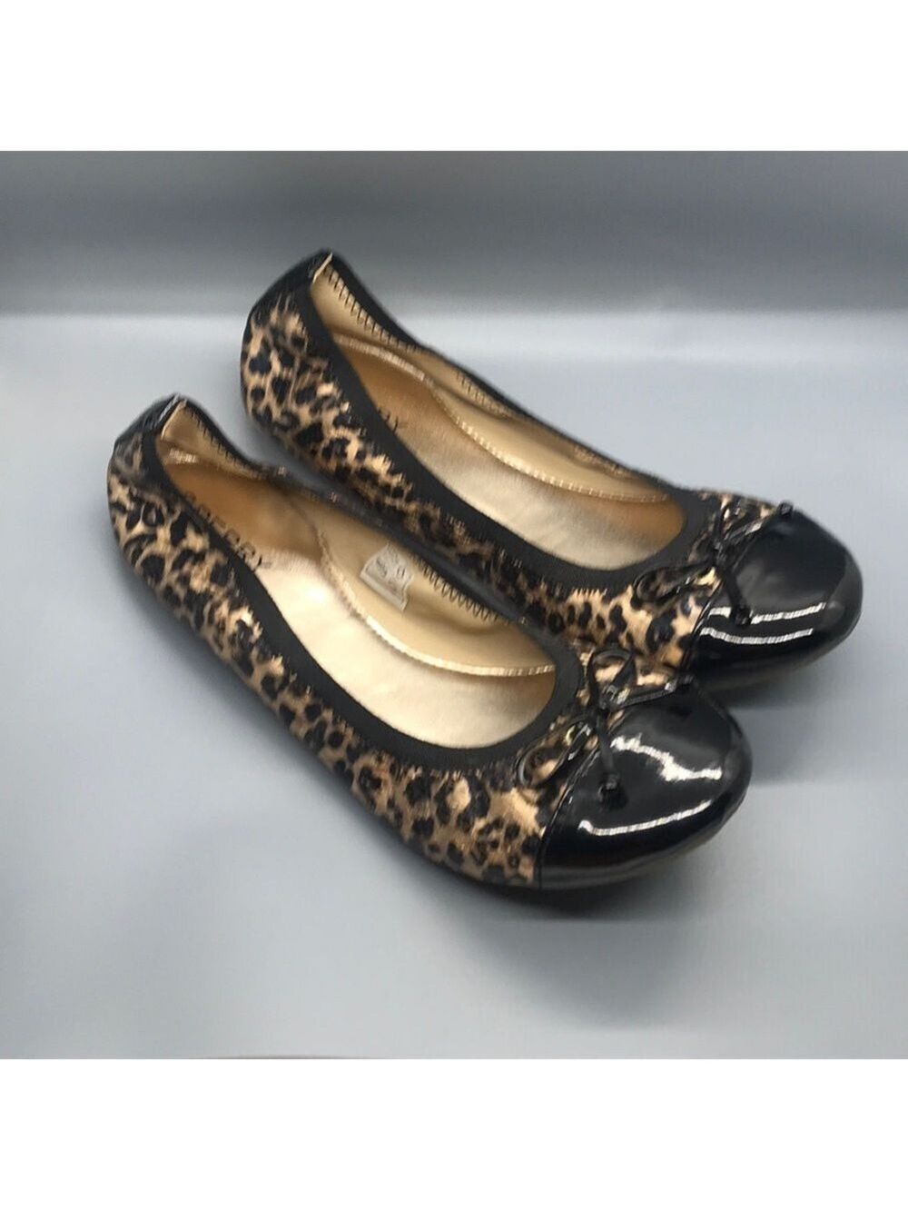 Sperry Top Spider Leopard Print Ballet Flats with Black Patent Toe 5M